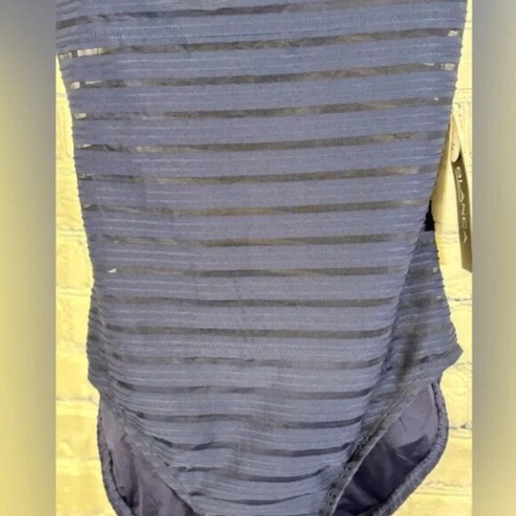 NWT La Blanca Navy Blue Sheer Midriff Ribbed One-Piece Vacation Beach Swimsuit 8 - Picture 3 of 3